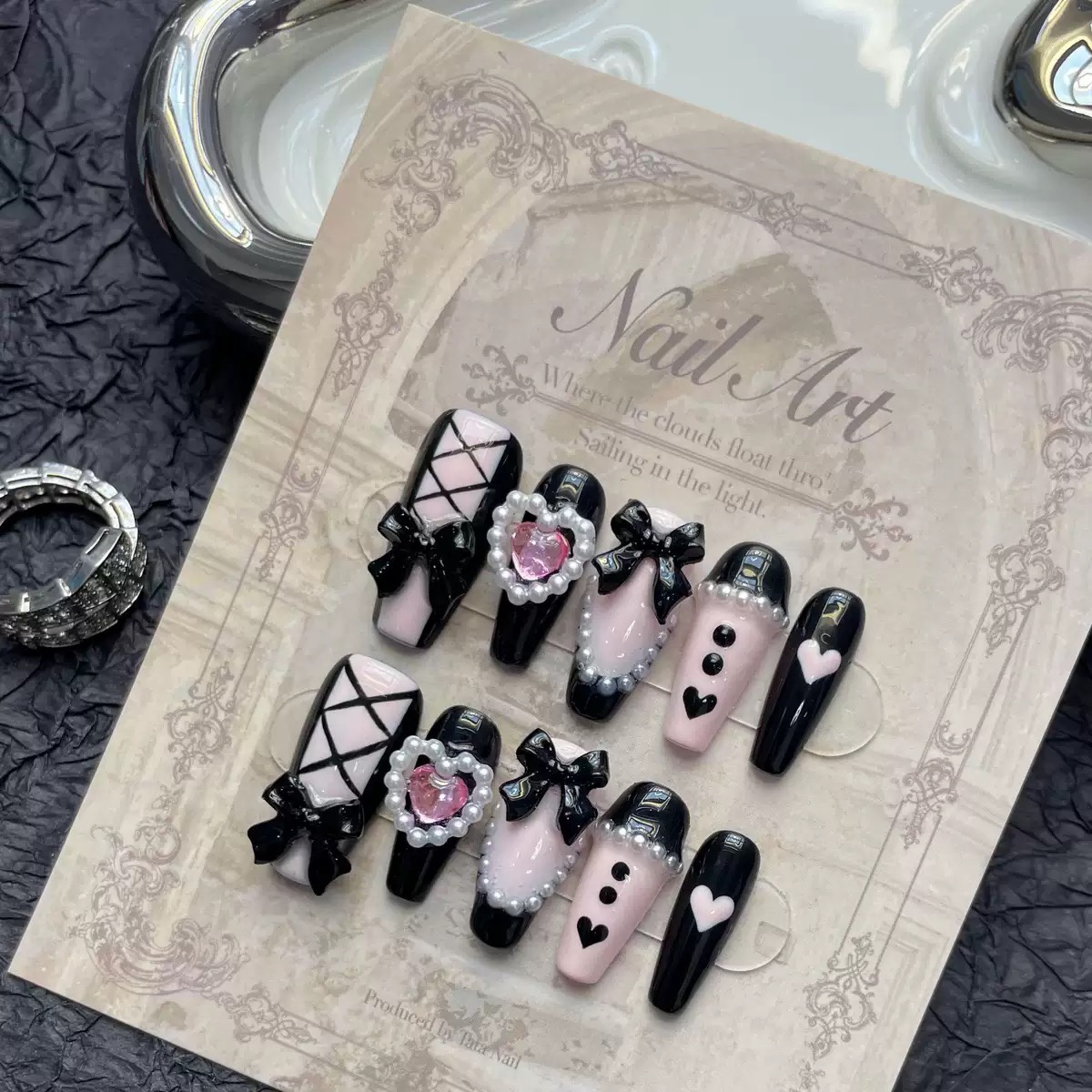 Black pink Ballet Dress Handmade Nails