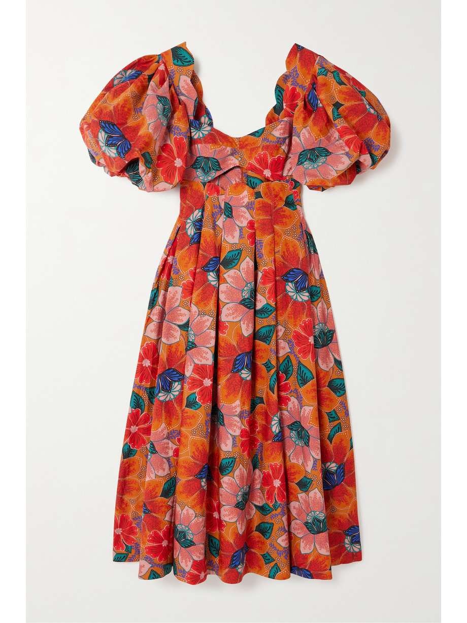 🎁💝Orange Floral Cut-Out Midi Dress