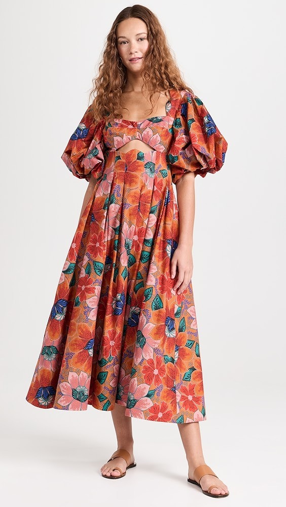 🎁💝Orange Floral Cut-Out Midi Dress