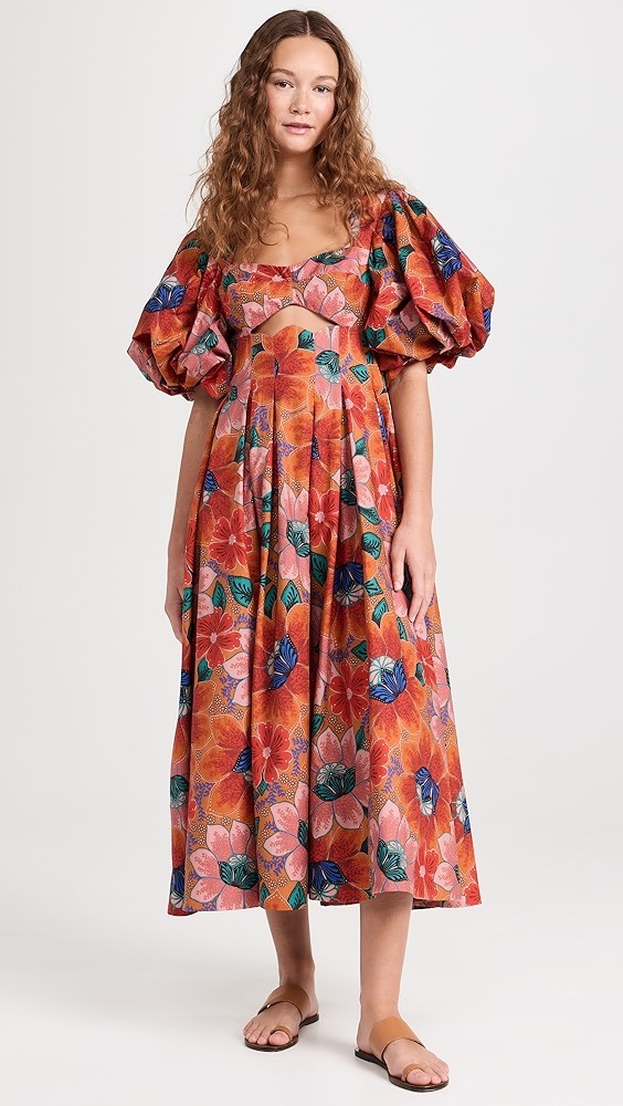 🎁💝Orange Floral Cut-Out Midi Dress