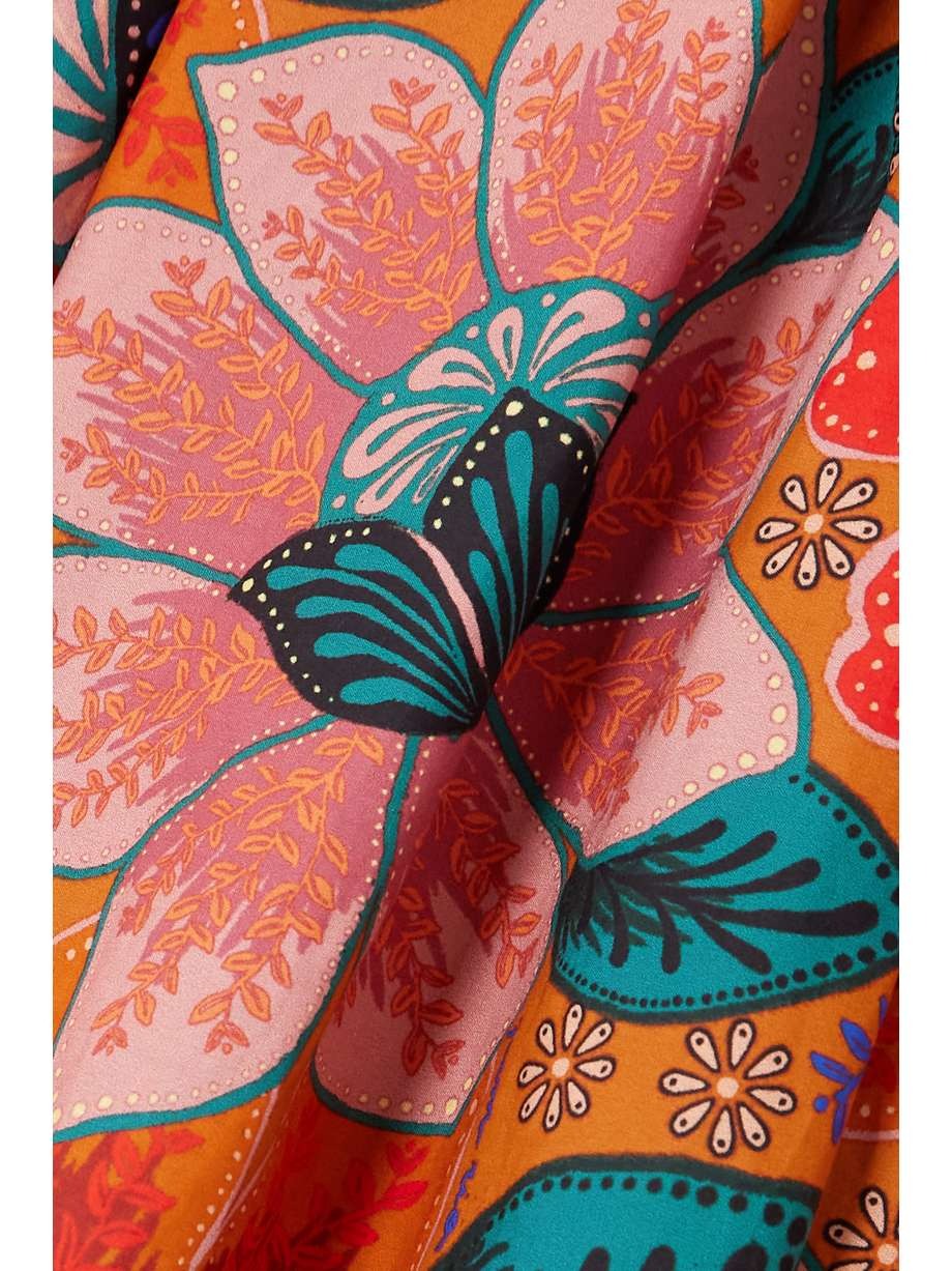 🎁💝Orange Floral Cut-Out Midi Dress