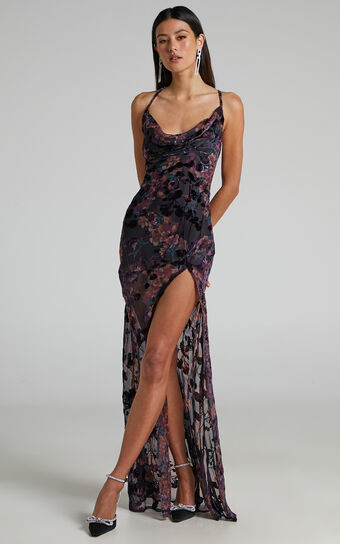 COWL CROSS BACK DRESS IN PURPLE HAZE BURNT OUT FLORAL