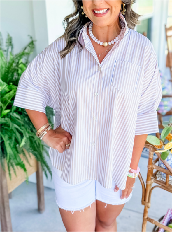 STRIPED BUTTON SHIRT SIDE SLIT HEM SWING TOP(🔥50% OFF!!)