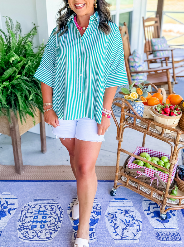 STRIPED BUTTON SHIRT SIDE SLIT HEM SWING TOP(🔥50% OFF!!)