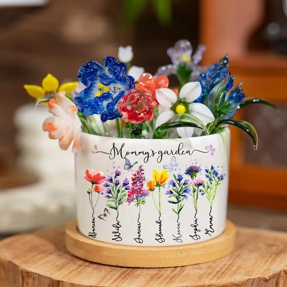 Custom Glass Birth Month Flower with Custom Flower Pot Mother's Day Gift