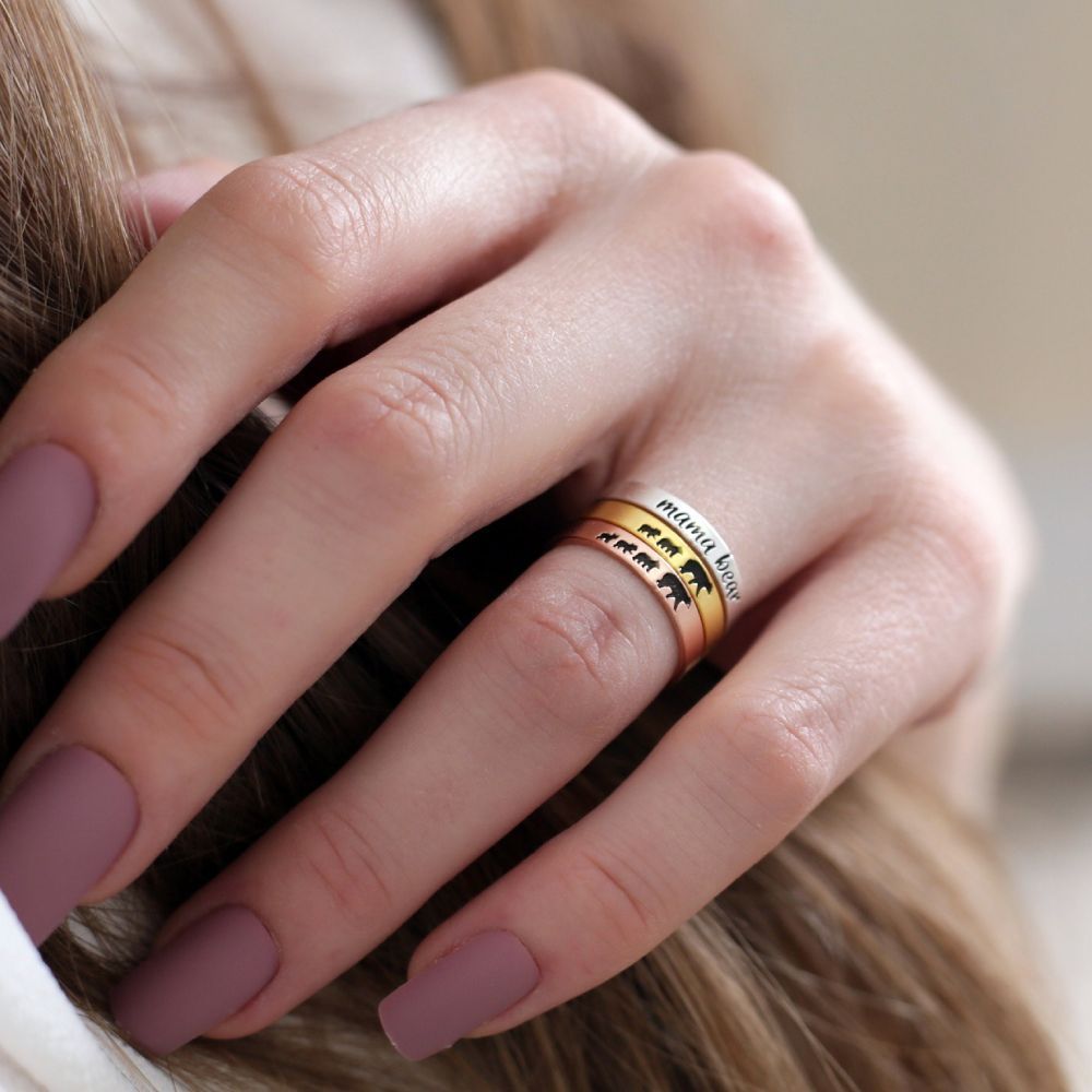 For Mother - S925 You Are the Best Mama Bear in the World Mama Bear Stacked  Ring - 2 Rings Set