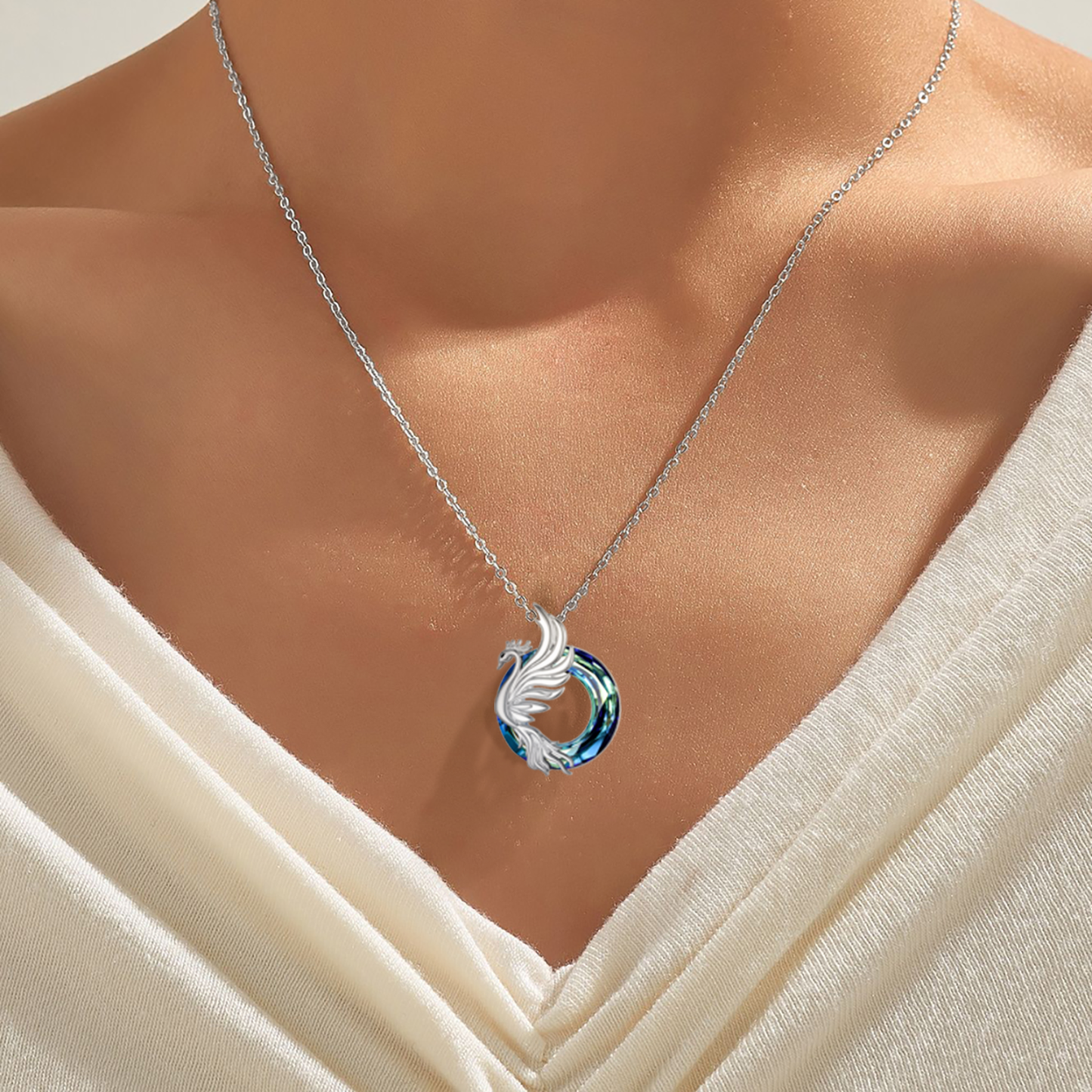 S925 You are A Fighter Sterling Silver Blue Crystal Phoenix Necklace