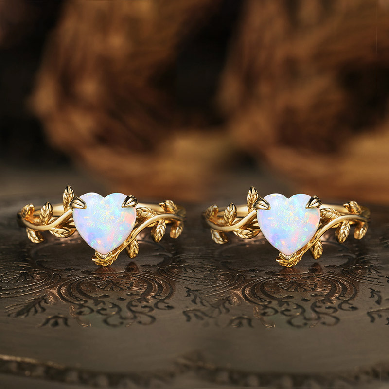 S925 Matching Mother & Daughter Heart Leaf Opal Ring