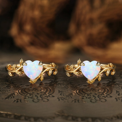 S925 Matching Mother & Daughter Heart Leaf Opal Ring