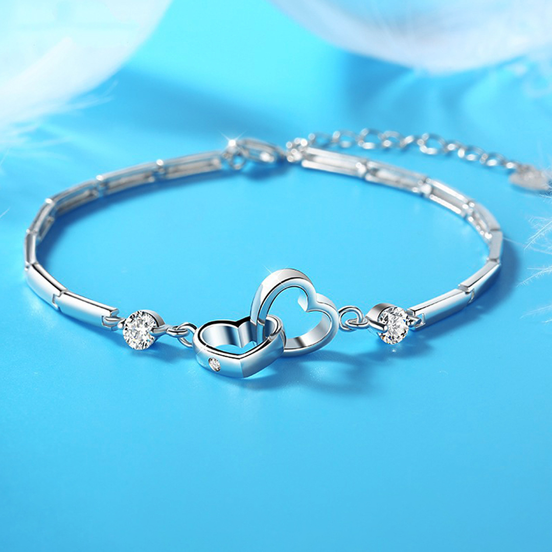 For Daughter - S925 I Love You Double Diamond Double Heart Bracelet