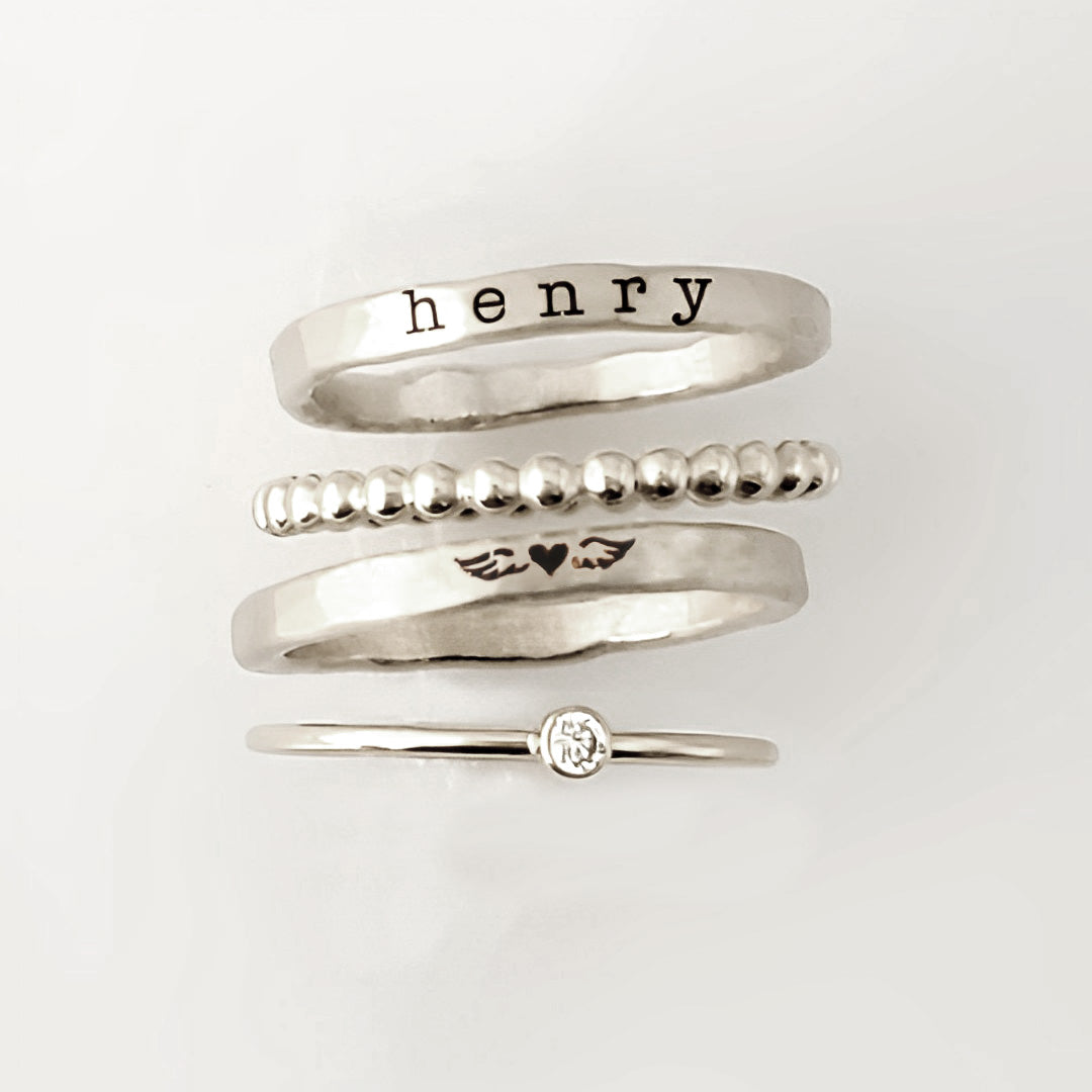 For Memorial - S925 Daughter of an Angel Name Stacked Ring - 4 Rings Set