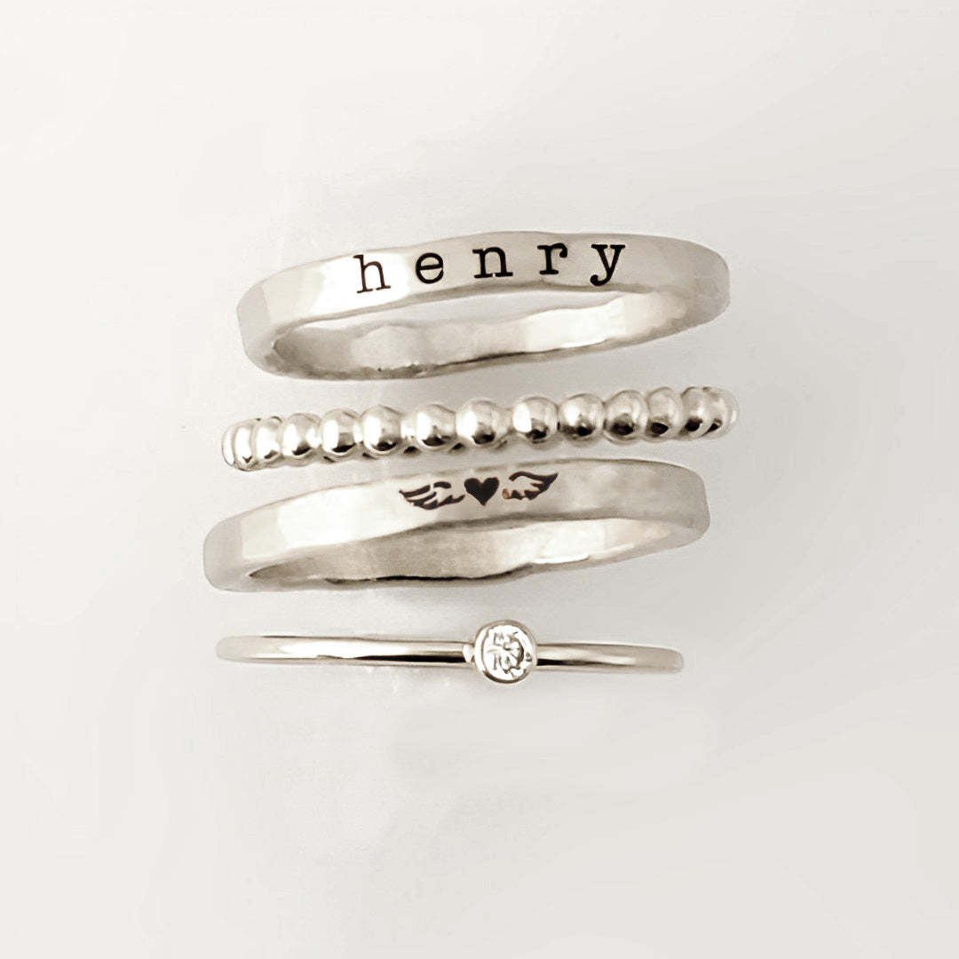 For Memorial - S925 Daughter of an Angel Name Stacked Ring - 4 Rings Set