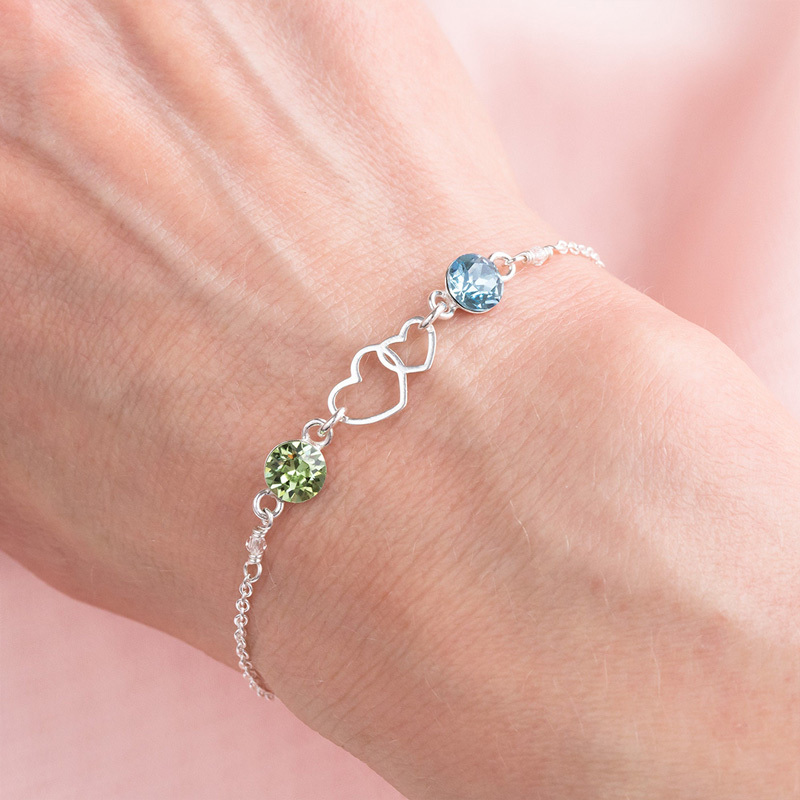 Mother and Daughter Forever Linked Together Double Heart Birthstone Bracelet