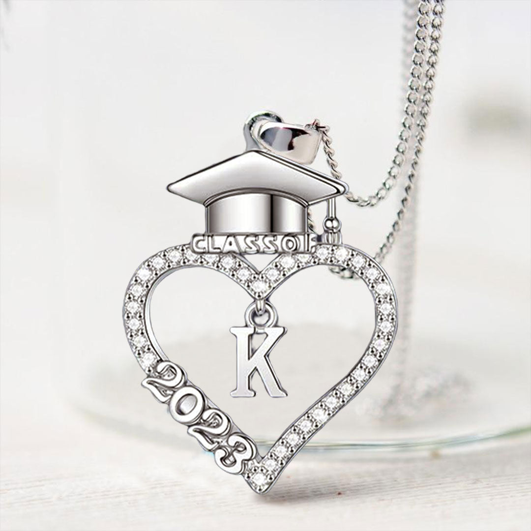 S925 Class of 2023 Love Heart Bachelor Cap Initial Necklace
