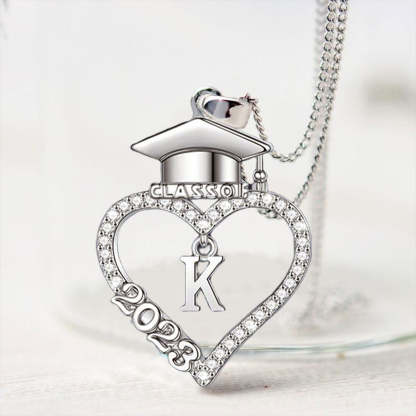 S925 Class of 2023 Love Heart Bachelor Cap Initial Necklace