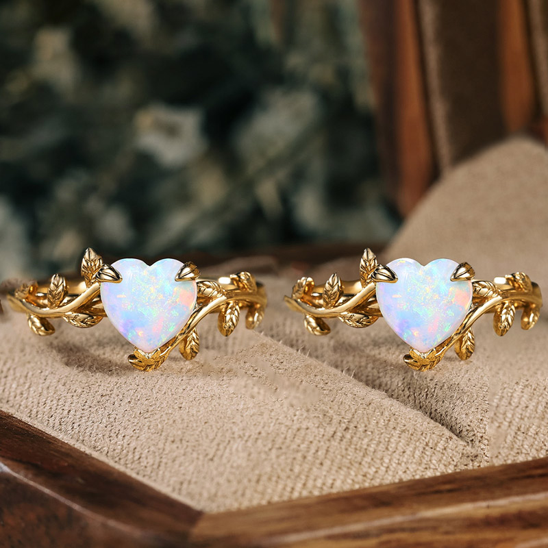 S925 Matching Mother & Daughter Heart Leaf Opal Ring