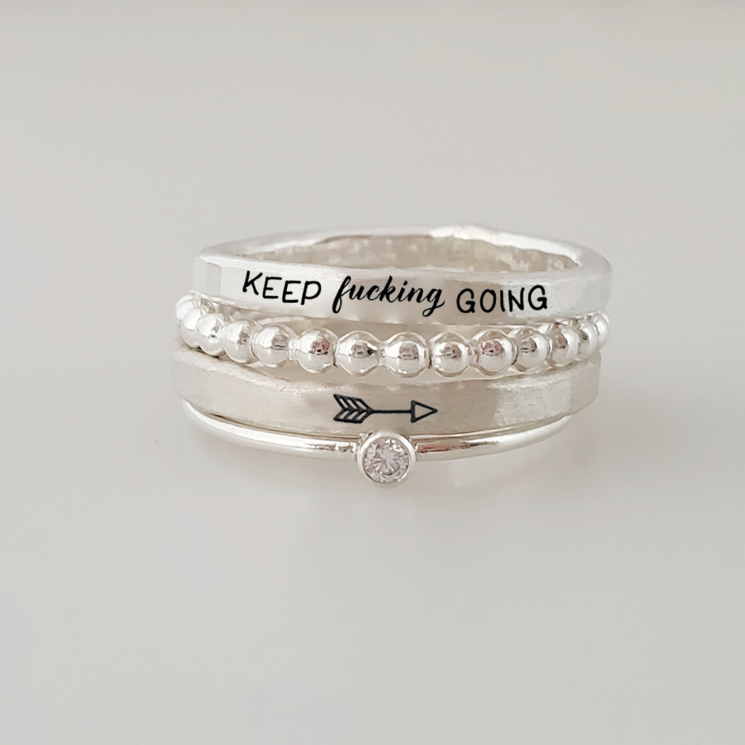 S925 Keep Fu??king Going Stacked Ring - 4 Rings Set