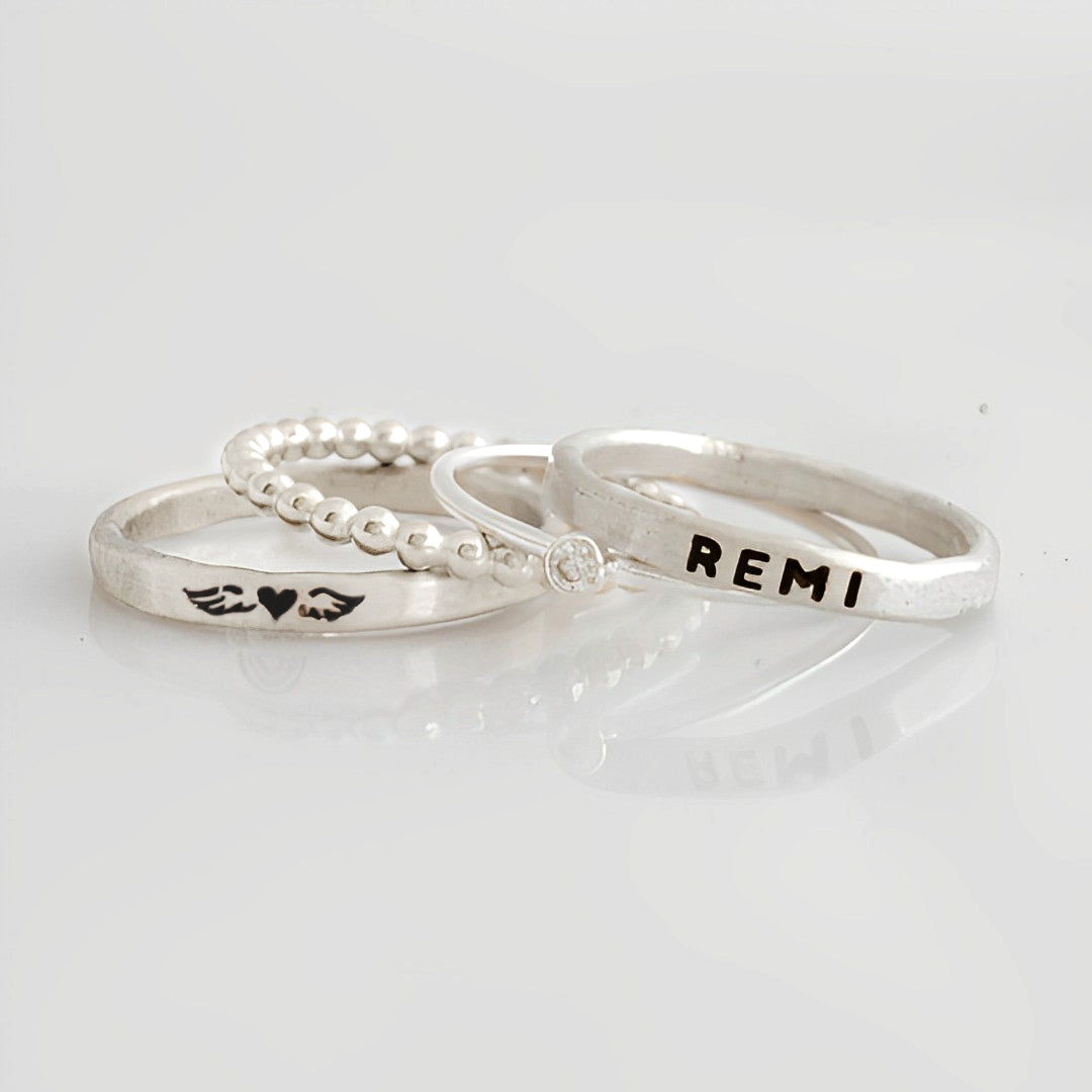 For Memorial - S925 Daughter of an Angel Name Stacked Ring - 4 Rings Set