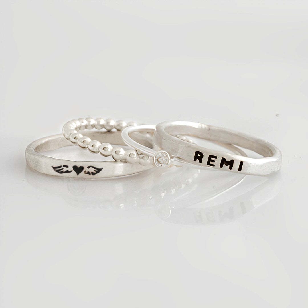 For Memorial - S925 Daughter of an Angel Name Stacked Ring - 4 Rings Set