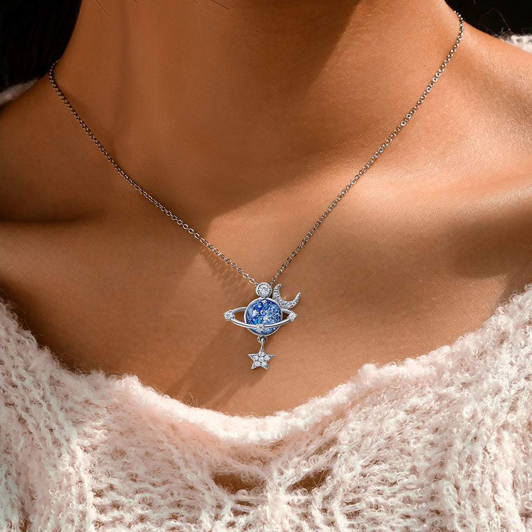 For Bonus Daughter - Always Shine Like The Brightest Star Blue Crystal Planet Necklace