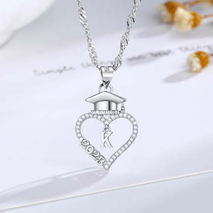 S925 Class of 2023 Love Heart Bachelor Cap Initial Necklace