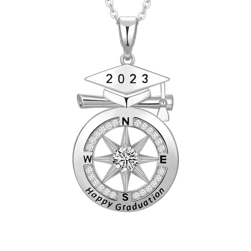 S925 Congratulations Class of 2023 Bachelor Cap Compass Necklace