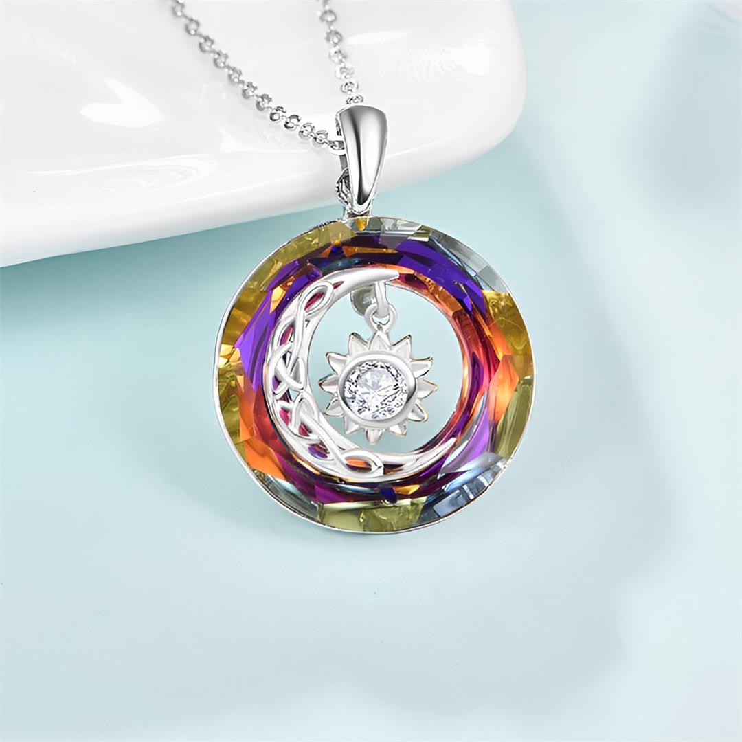 For Friend - S925 Thank You for Being My Squad Crystal Moon and Sun Necklace In Colorful