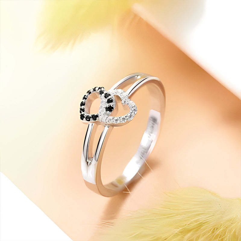 For Couples - S925 We're A Team A Bond That Can't Be Broken Black Diamond Double Heart Ring