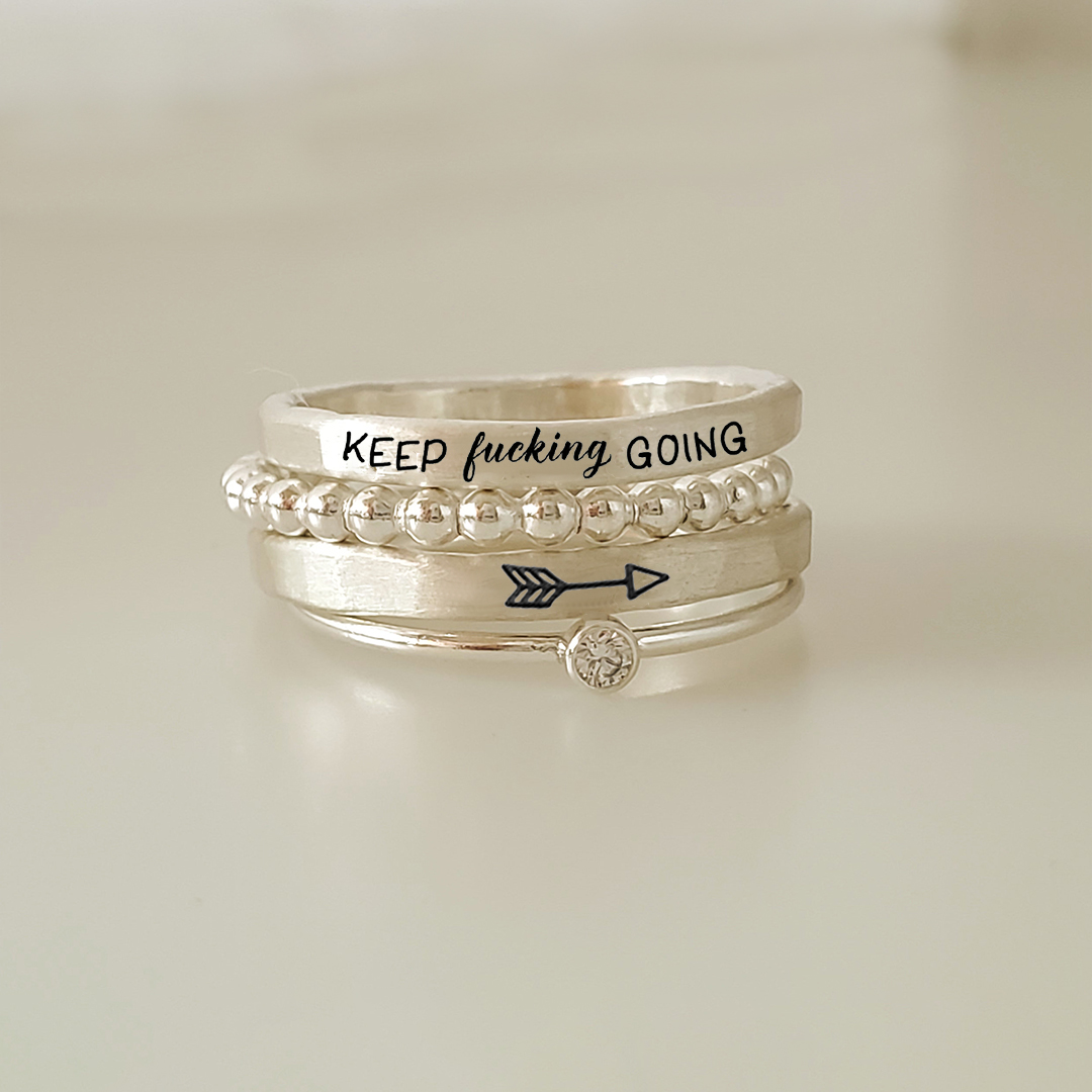 S925 Keep Fu??king Going Stacked Ring - 4 Rings Set
