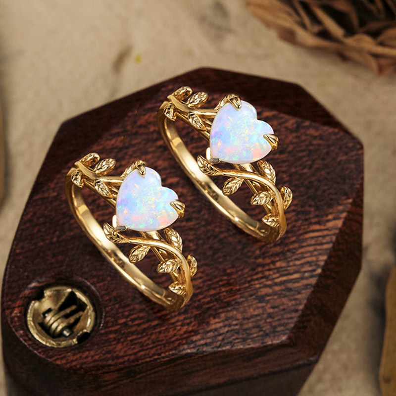 S925 Matching Mother & Daughter Heart Leaf Opal Ring