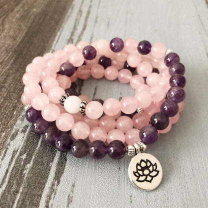 Self-awareness & Healing Mala Rose Quartz Amethyst Beaded Bracelet