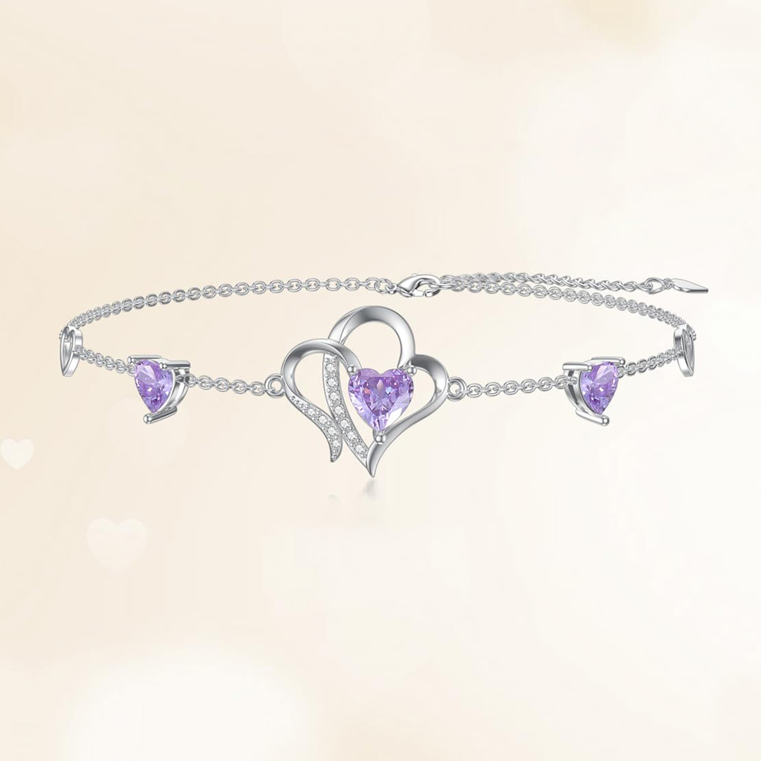 For Granddaughter - S925 Always Keep Me In Your Heart For You Are Always In Mine Amethyst Double Heart Bracelet