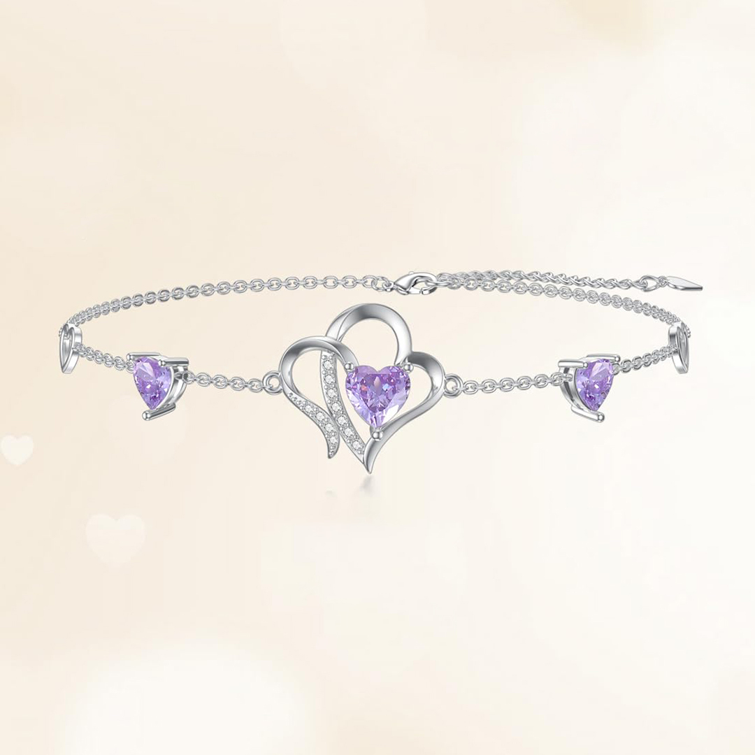 For Granddaughter - S925 Always Keep Me In Your Heart For You Are Always In Mine Amethyst Double Heart Bracelet