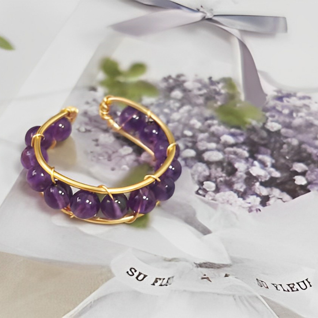 Amethyst Calming Healing Bead Open Ring