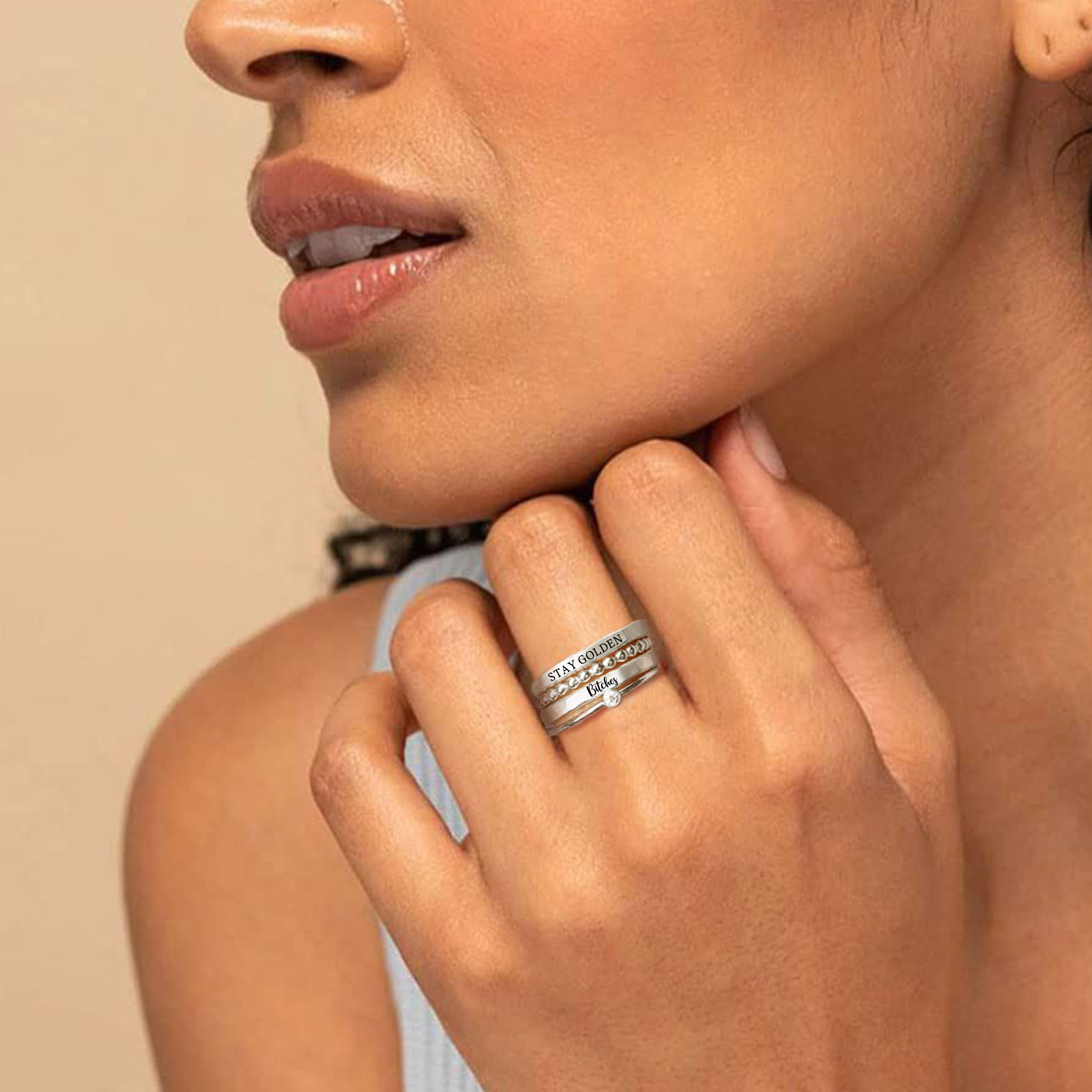 S925 Stay Golden Stacked Ring - 4 Rings Set