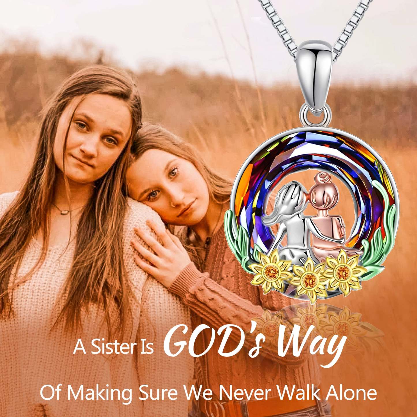 For Sister - S925 A Sister Is GOD's Way Of Making Sure We Never Walk Alone Crystal Necklace
