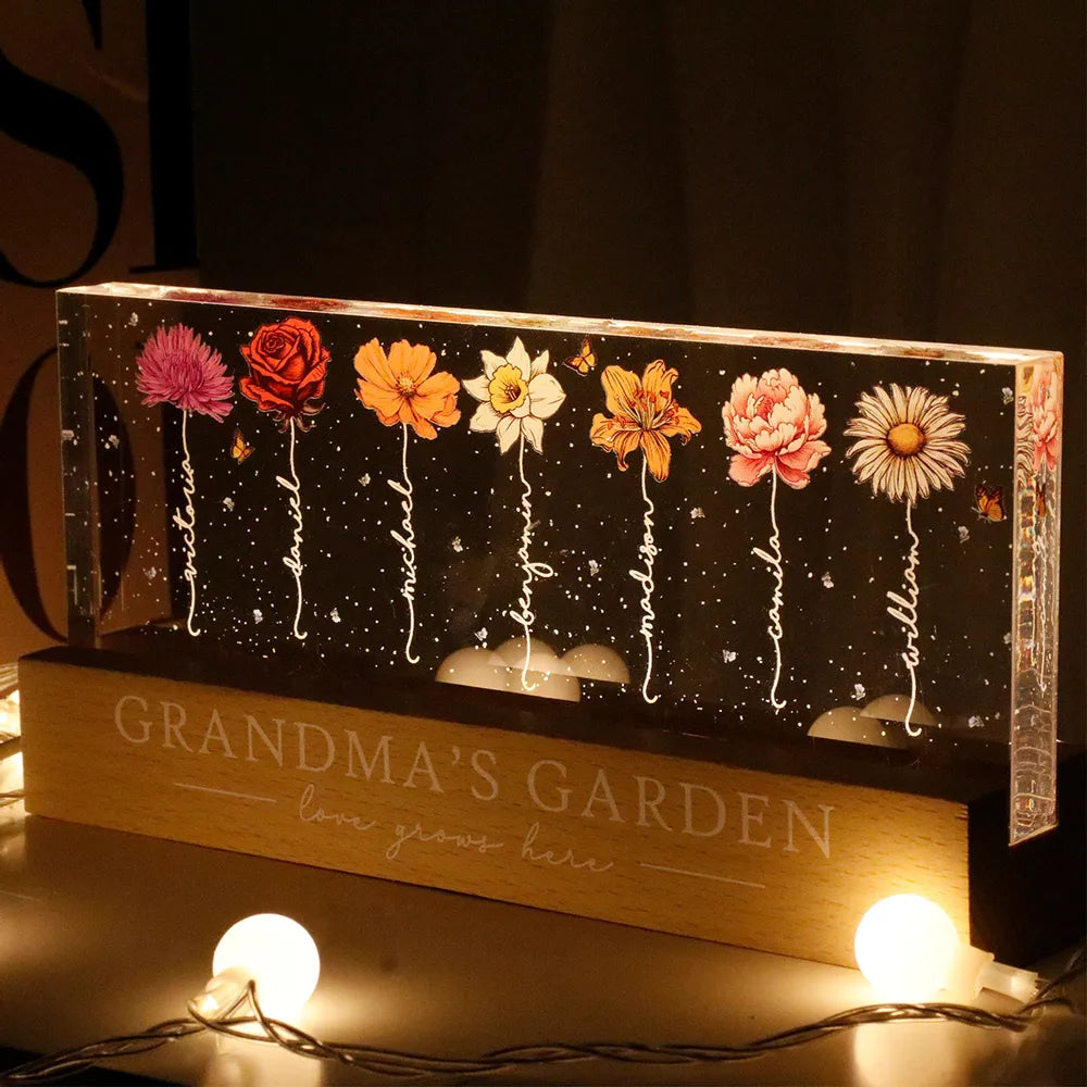 Grandma‘s Garden Birth Month Flowers Personalized Acrylic Block LED Night Light,  Perfect Gift for Grandma, Mom, Auntie, or Sister