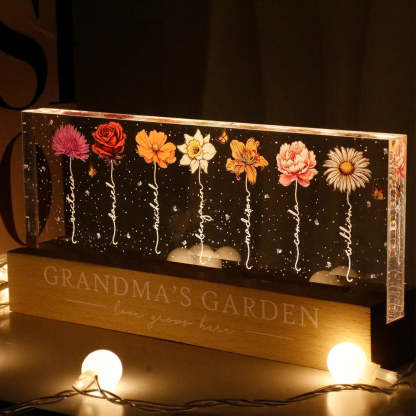 Grandma‘s Garden Birth Month Flowers Personalized Acrylic Block LED Night Light,  Perfect Gift for Grandma, Mom, Auntie, or Sister