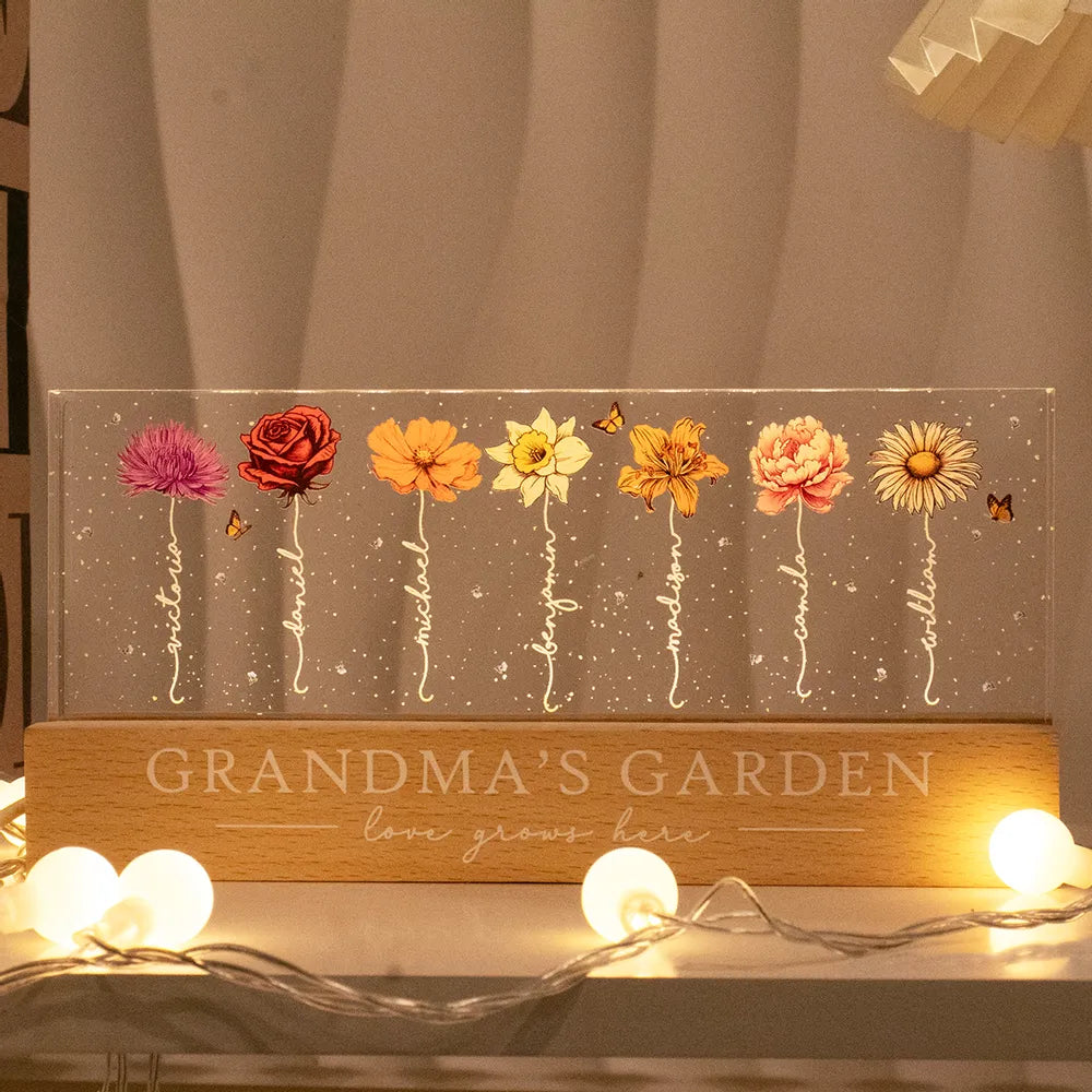 Grandma‘s Garden Birth Month Flowers Personalized Acrylic Block LED Night Light,  Perfect Gift for Grandma, Mom, Auntie, or Sister