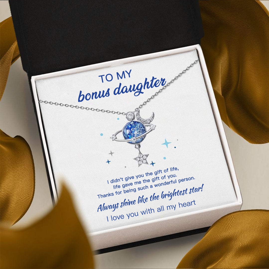 For Bonus Daughter - Always Shine Like The Brightest Star Blue Crystal Planet Necklace