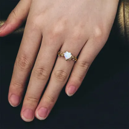 S925 Matching Mother & Daughter Heart Leaf Opal Ring