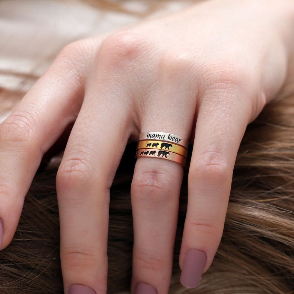 For Mother - S925 You Are the Best Mama Bear in the World Mama Bear Stacked  Ring - 2 Rings Set