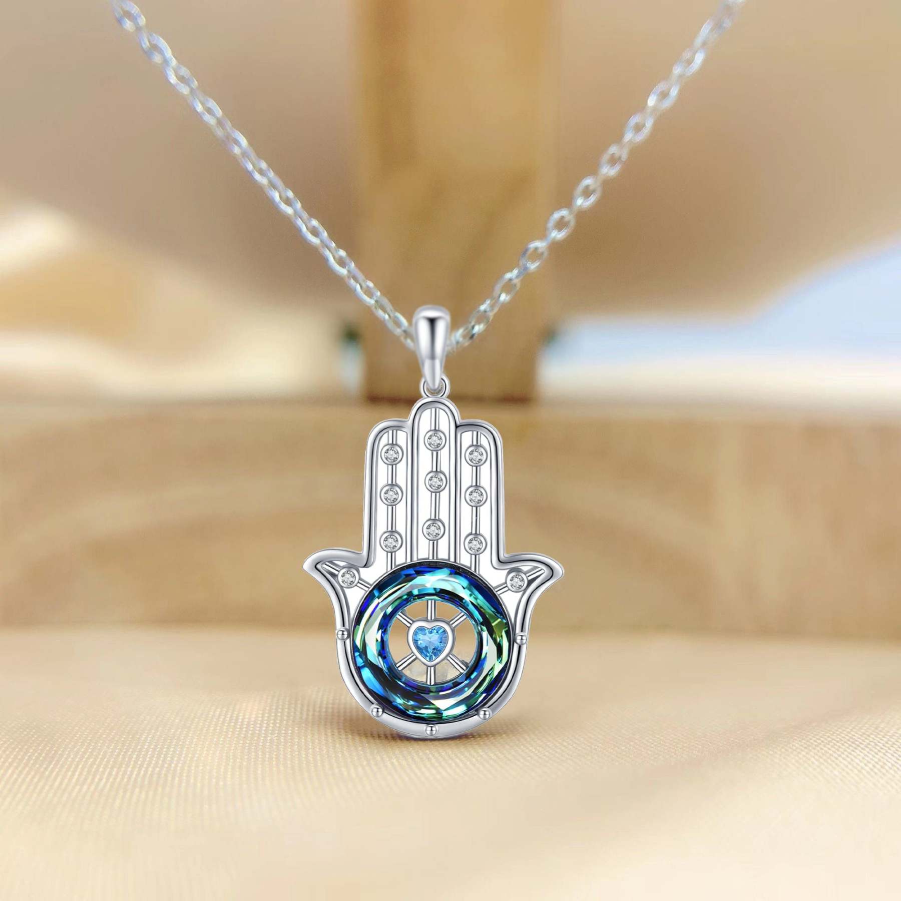 S925 You Always be Protected Blue Crystal Hamsa Hand Necklace