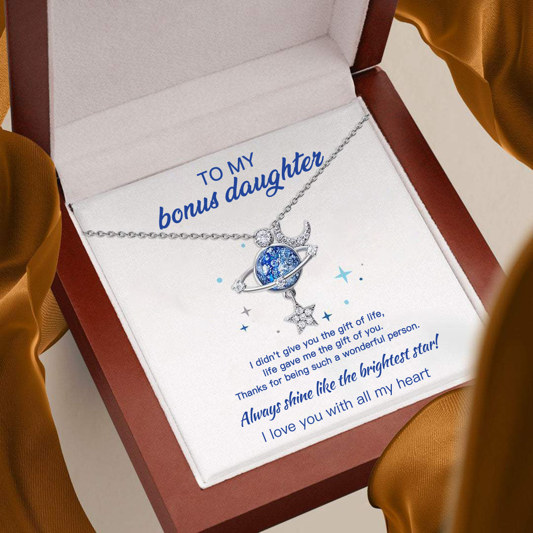 For Bonus Daughter - Always Shine Like The Brightest Star Blue Crystal Planet Necklace
