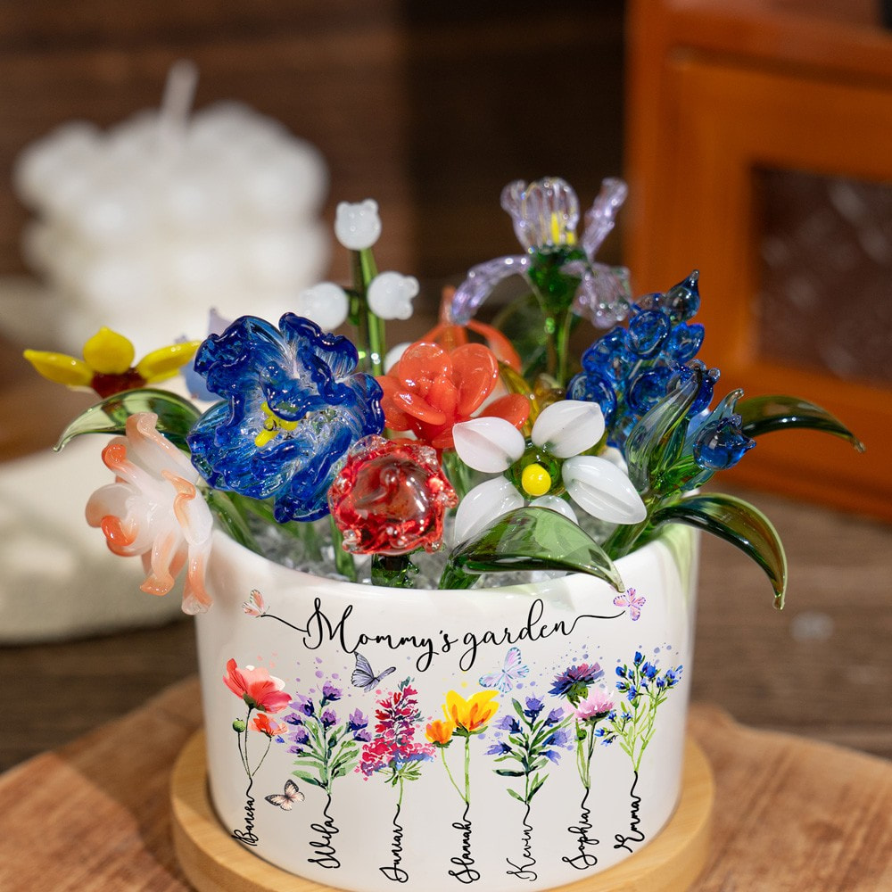 Custom Glass Birth Month Flower with Custom Flower Pot Mother's Day Gift