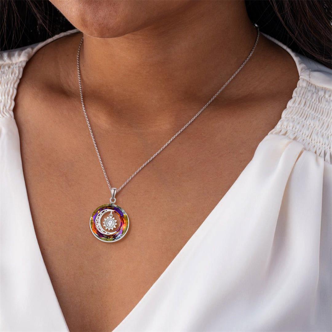 For Friend - S925 Thank You for Being My Squad Crystal Moon and Sun Necklace In Colorful