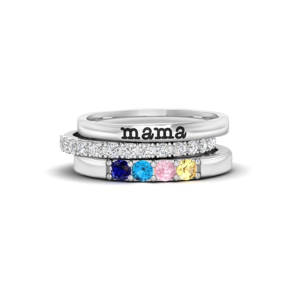 For Mother - S925 Mama And Kids' Birthstones Personalized Stackable Ring - 3 Rings Set