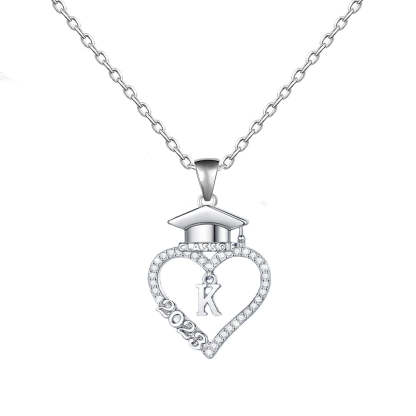 S925 Class of 2023 Love Heart Bachelor Cap Initial Necklace