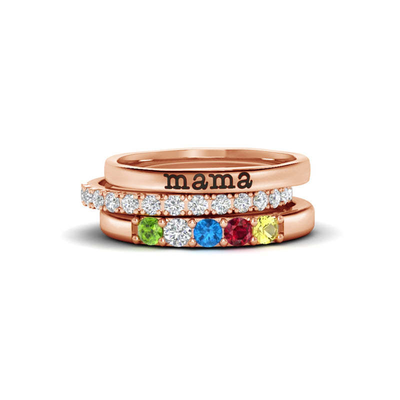 For Mother - S925 Mama And Kids' Birthstones Personalized Stackable Ring - 3 Rings Set