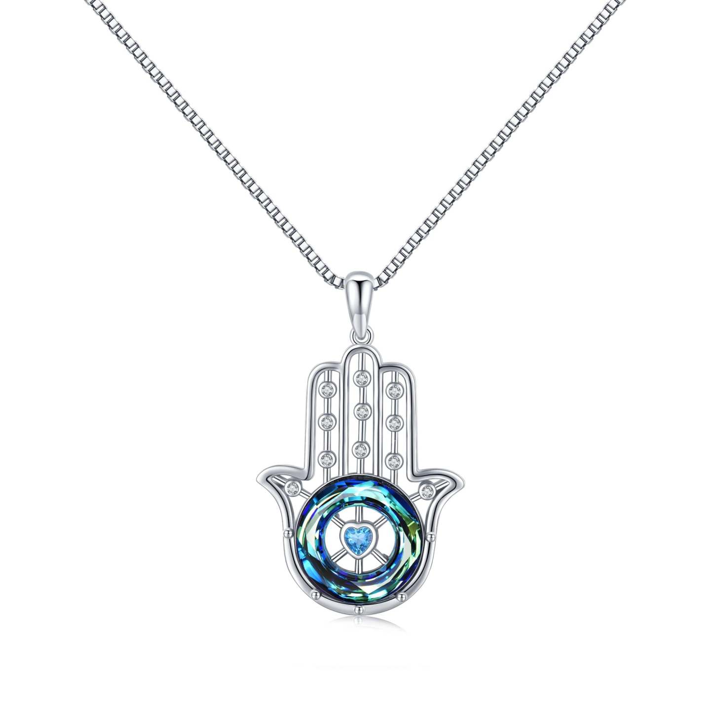 S925 You Always be Protected Blue Crystal Hamsa Hand Necklace
